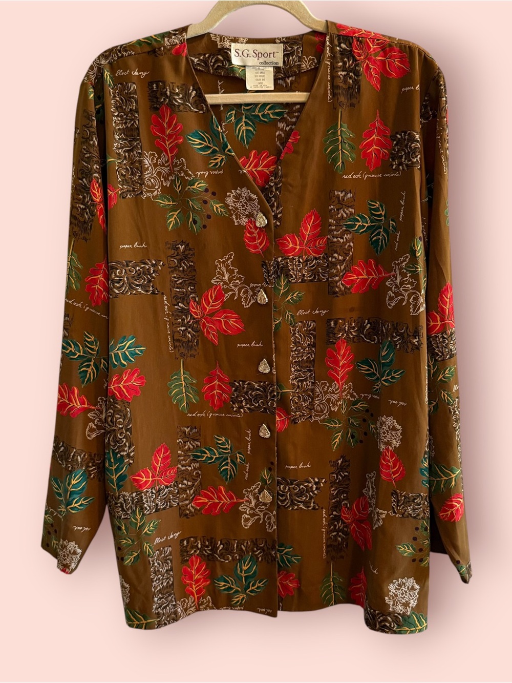 Vintage S.G. Sport Brown Fall Leaf Print Blouse Jacket Large Made in USA